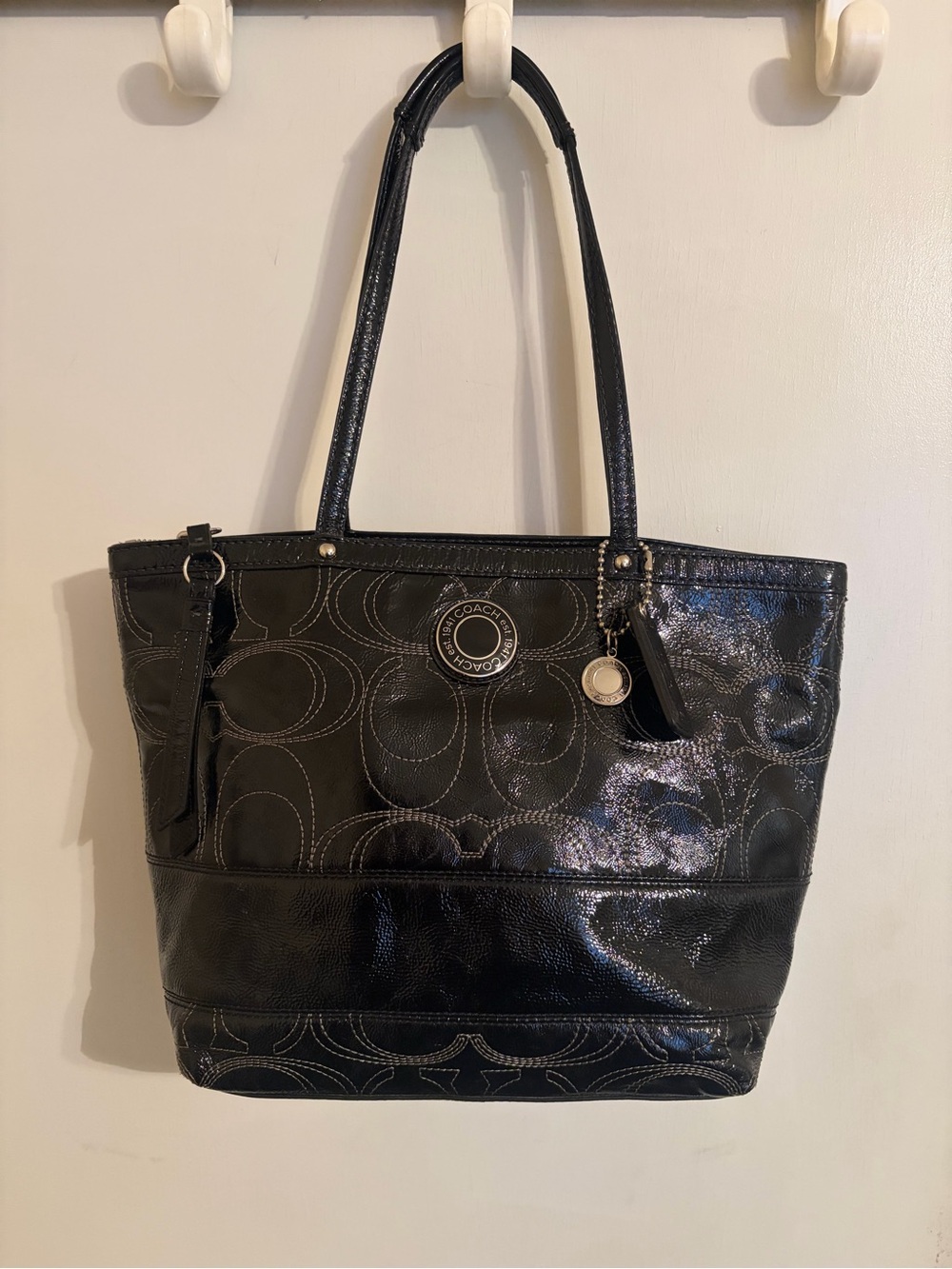 Coach Black Signature Patent Leather Tote Bag Like New